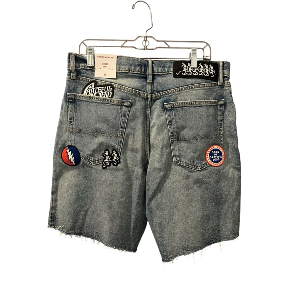 Lucky Brand Grateful Dead NWT Size 33 Denim Jean Loose Shorts Patches Embroidery - Picture 2 of 11